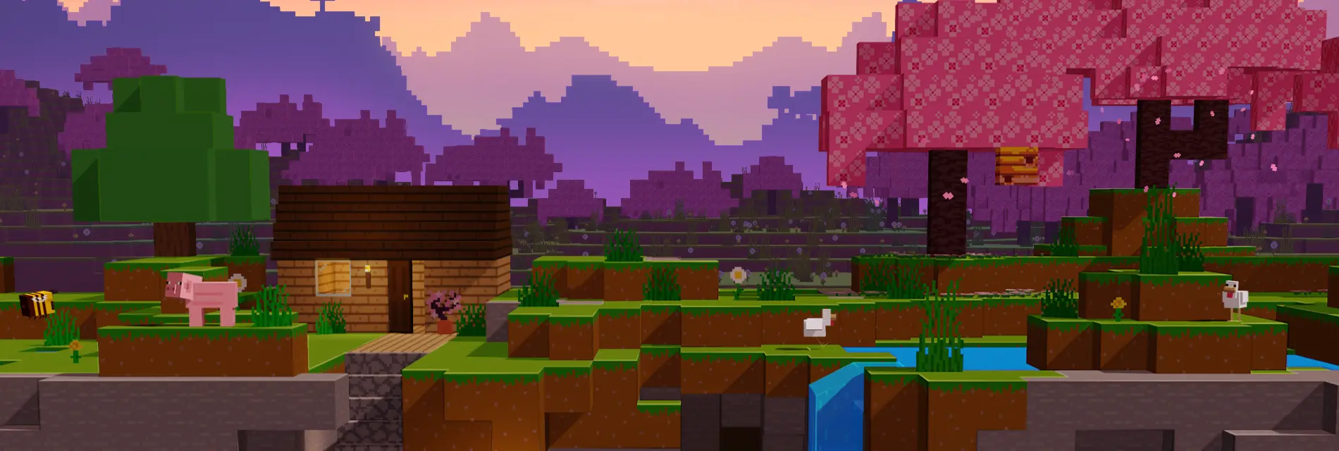 Voxel-style Minecraft panorama showing a house in a cherry blossom grove with a pig and chicken.
