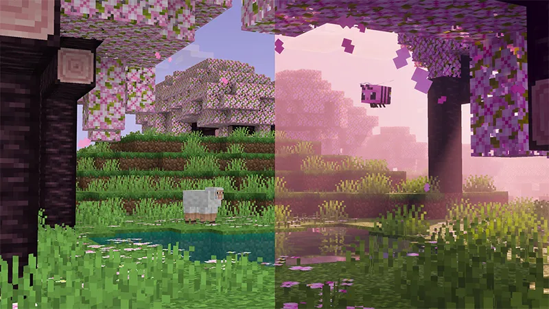 A comparison image of a Minecraft scene, showing a before-and-after of the "Prisma Visuals" pack with vibrant enhancements.
