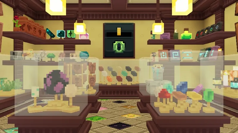A Minecraft trophy room with display cases of gems, artifacts, and rewards in the Triumphs and Trophies Collector room.